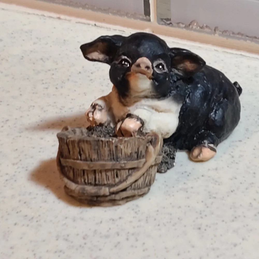 Black and White Pig Figurine With Barrel Super Cute Collectible